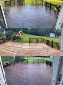 3 panoramic photos: top is wet deck before anything applied. Middle pic is after stripper/brightener. Bottom pic after 2nd coat of stain